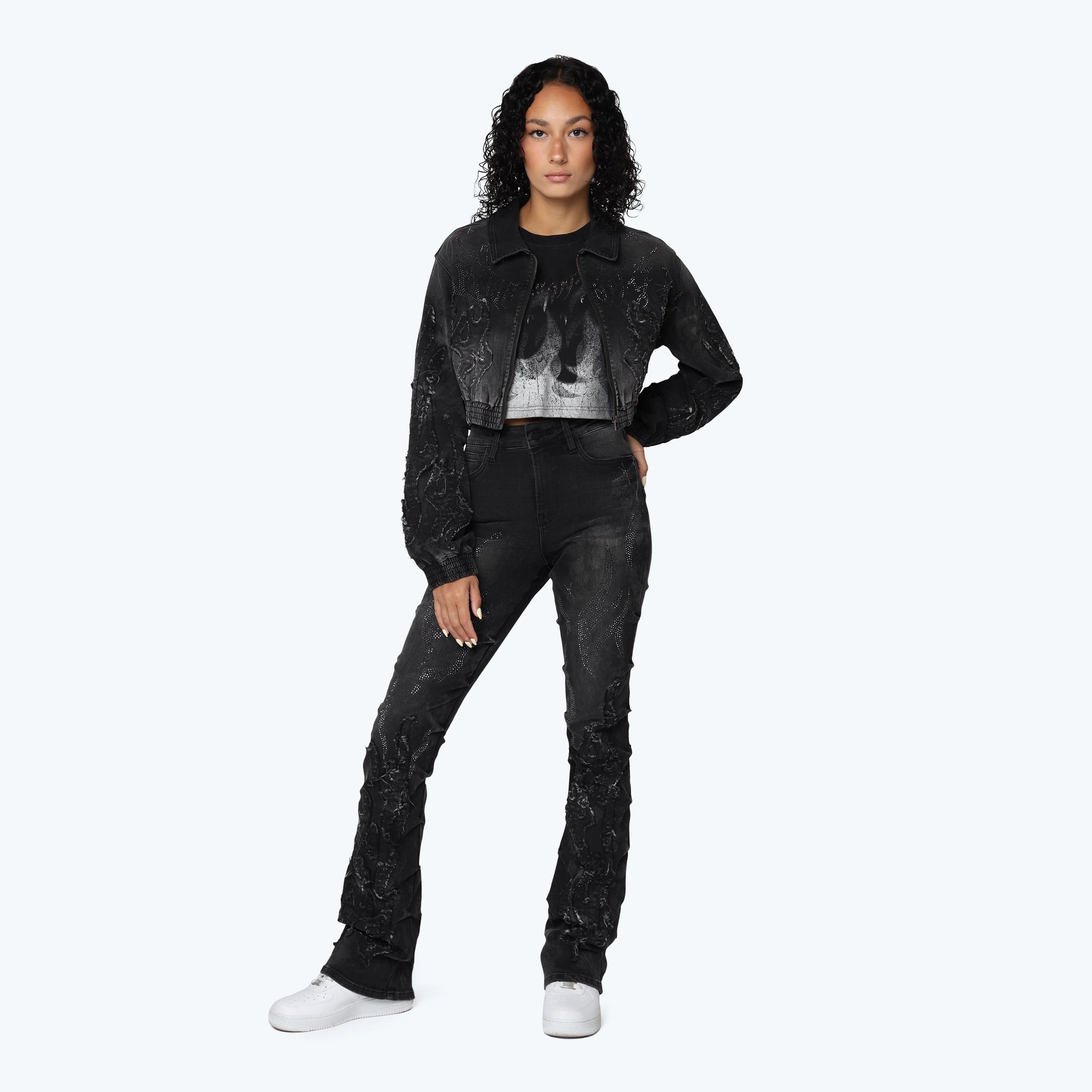 Denim Cropped Bomber Jacket - Derby Black