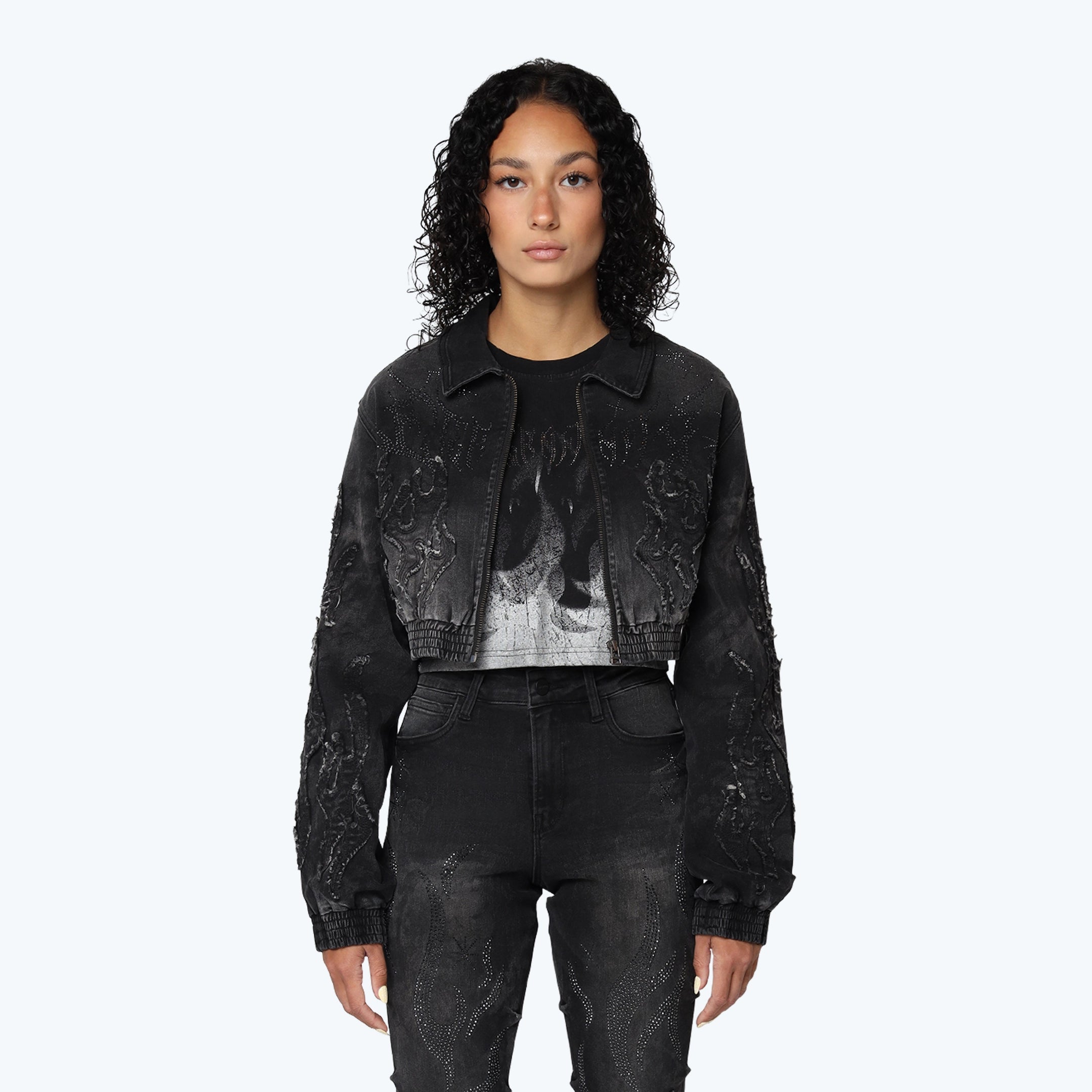 Denim Cropped Bomber Jacket - Derby Black