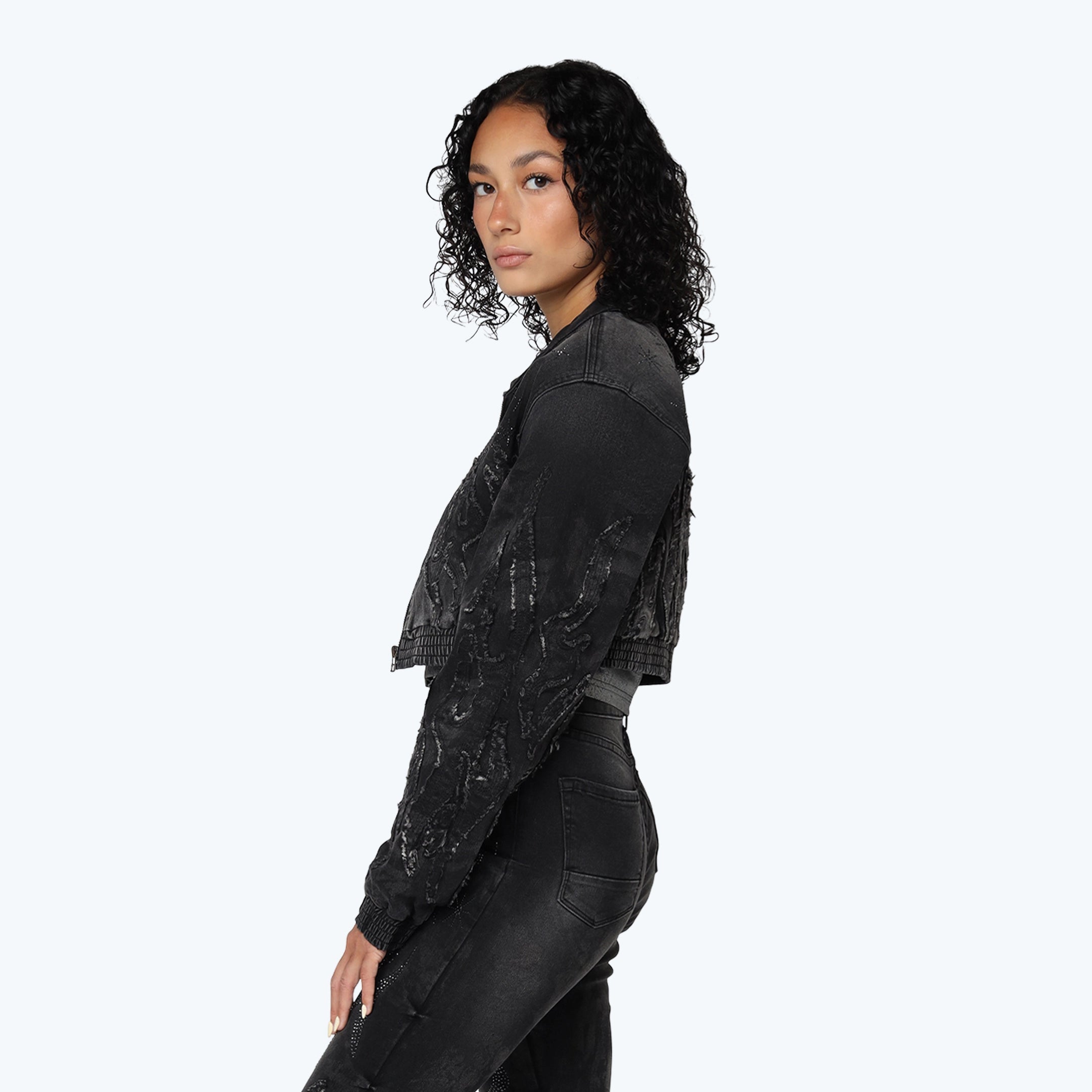 Denim Cropped Bomber Jacket - Derby Black