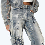 Mid Rise Wide Embroidered Jeans - Ios Blue