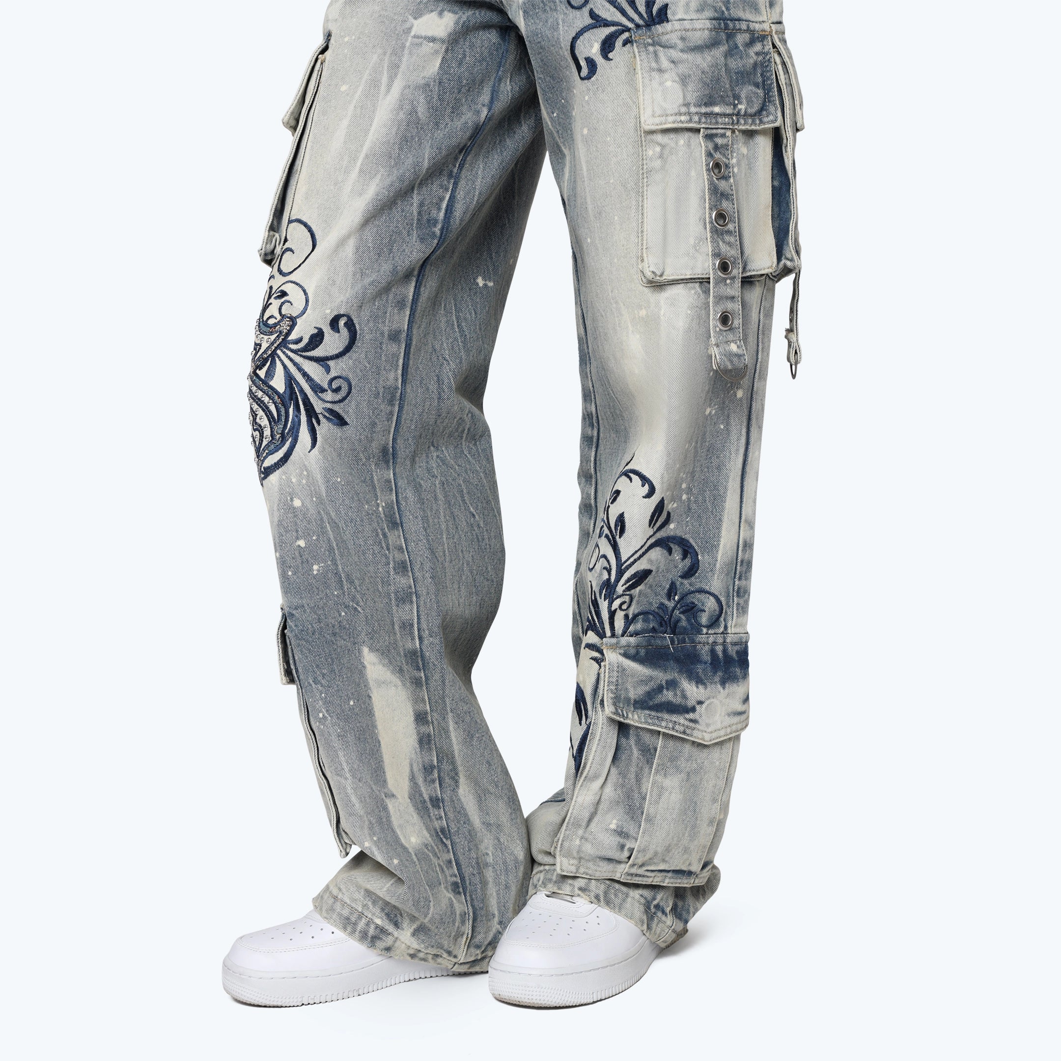 Mid Rise Wide Embroidered Jeans - Ios Blue