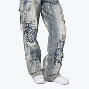 Mid Rise Wide Embroidered Jeans - Ios Blue