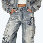 Mid Rise Wide Embroidered Jeans - Ios Blue