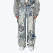 Mid Rise Wide Embroidered Jeans - Ios Blue