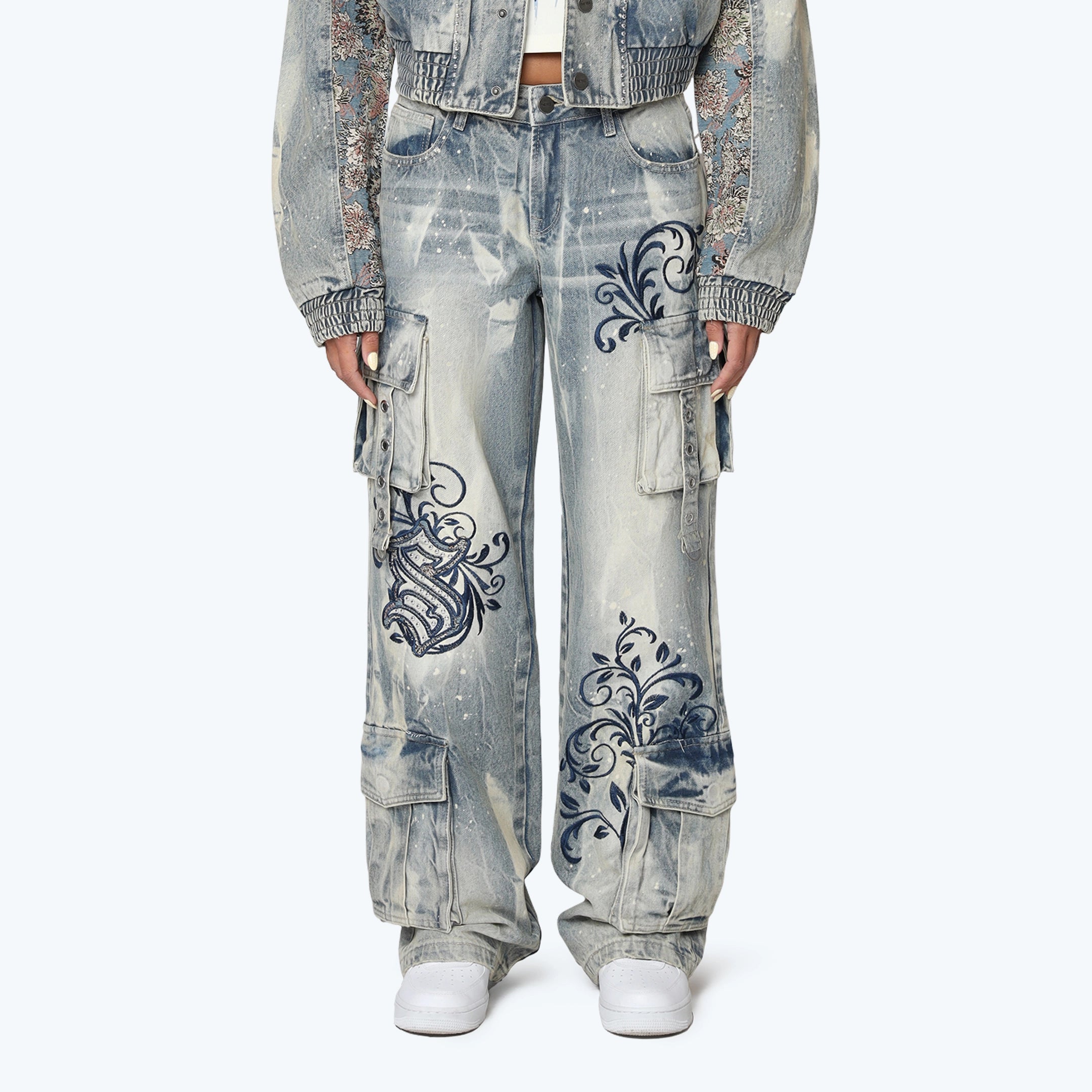 Mid Rise Wide Embroidered Jeans - Ios Blue