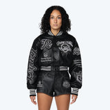Cropped Vegan Leather Varsity Jacket - Black