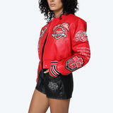 Cropped Vegan Leather Varsity Jacket - True Red
