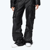 Wide Leg Vegan Leather Cargo Pants - Black
