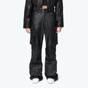 Wide Leg Vegan Leather Cargo Pants - Black