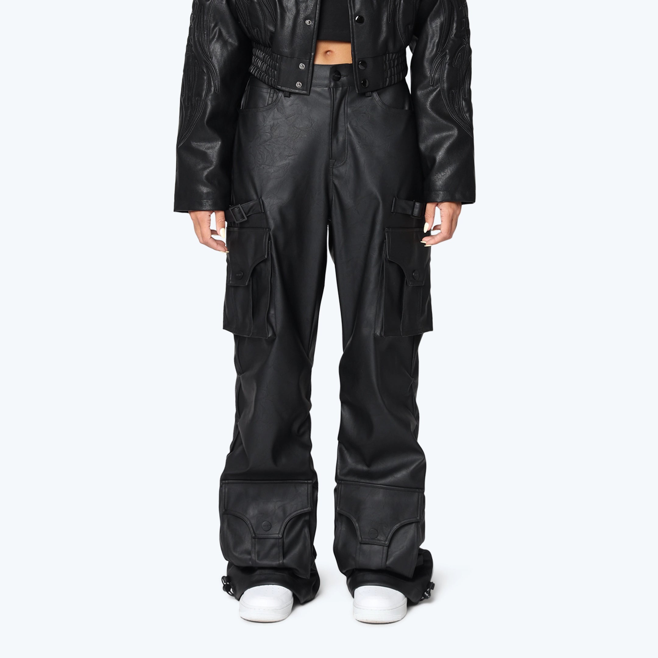 Wide Leg Vegan Leather Cargo Pants - Black