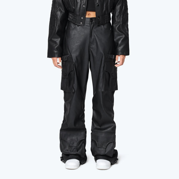 Wide Leg Vegan Leather Cargo Pants - Black