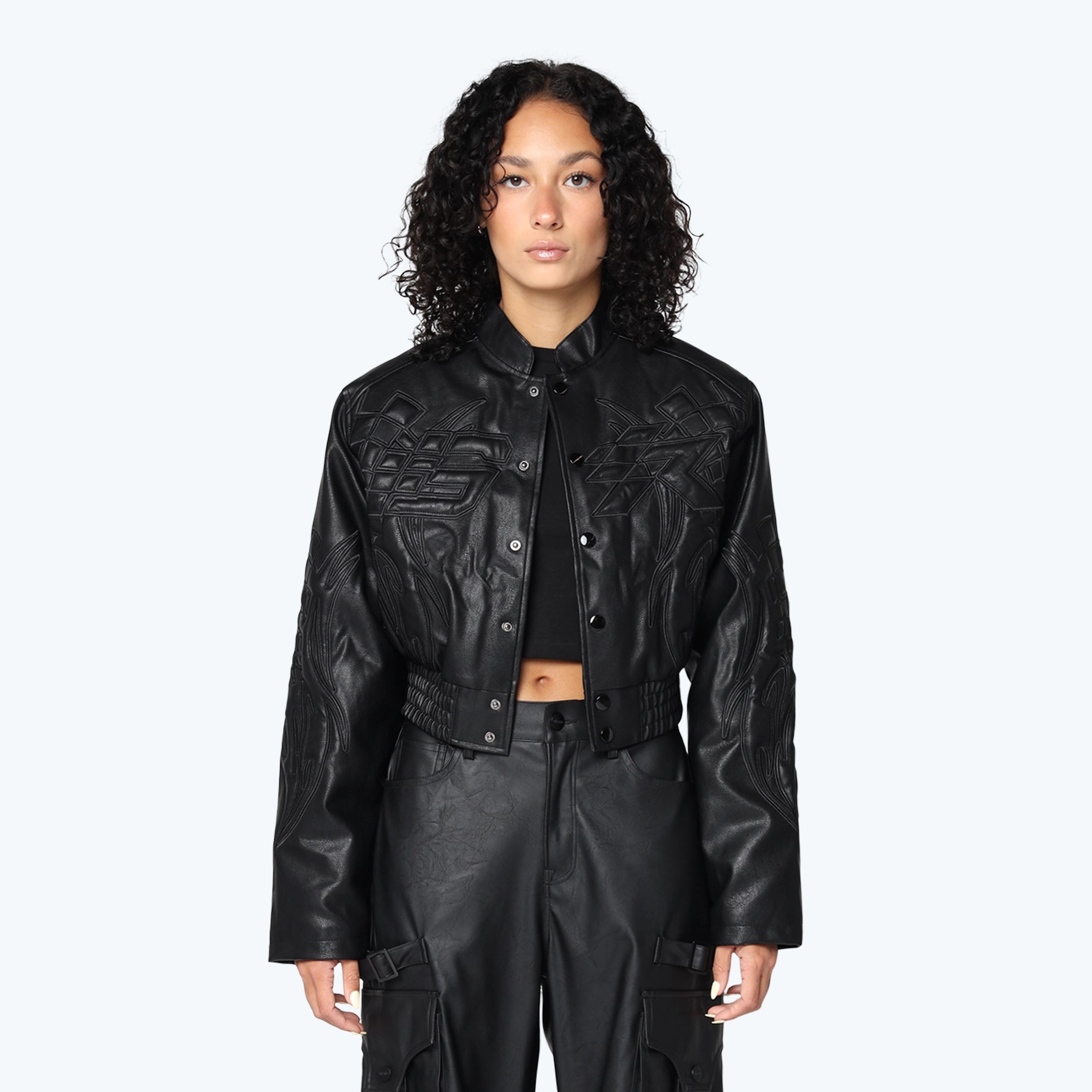 3D Vegan Leather Patch Racing Jacket - Black