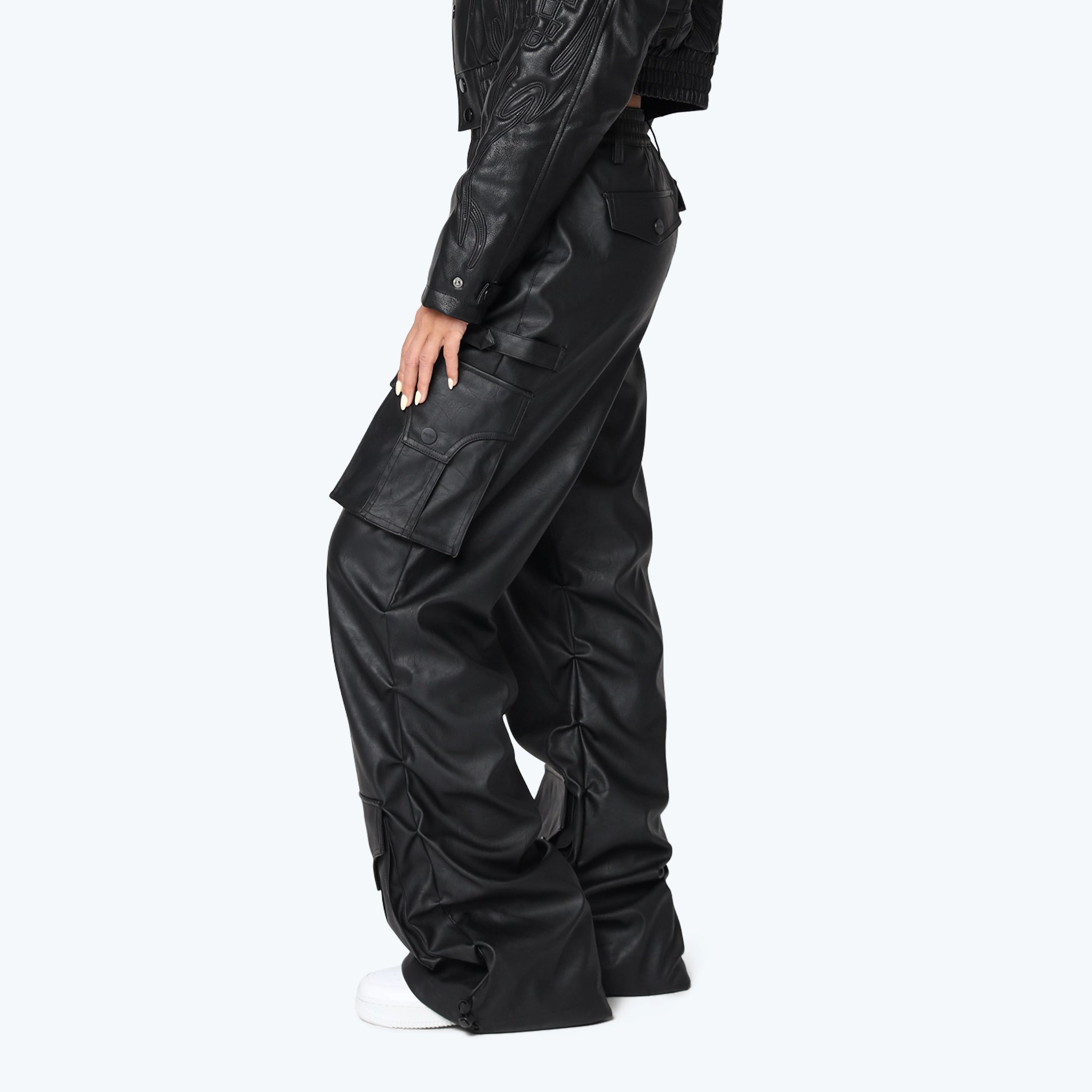 Wide Leg Vegan Leather Cargo Pants - Black