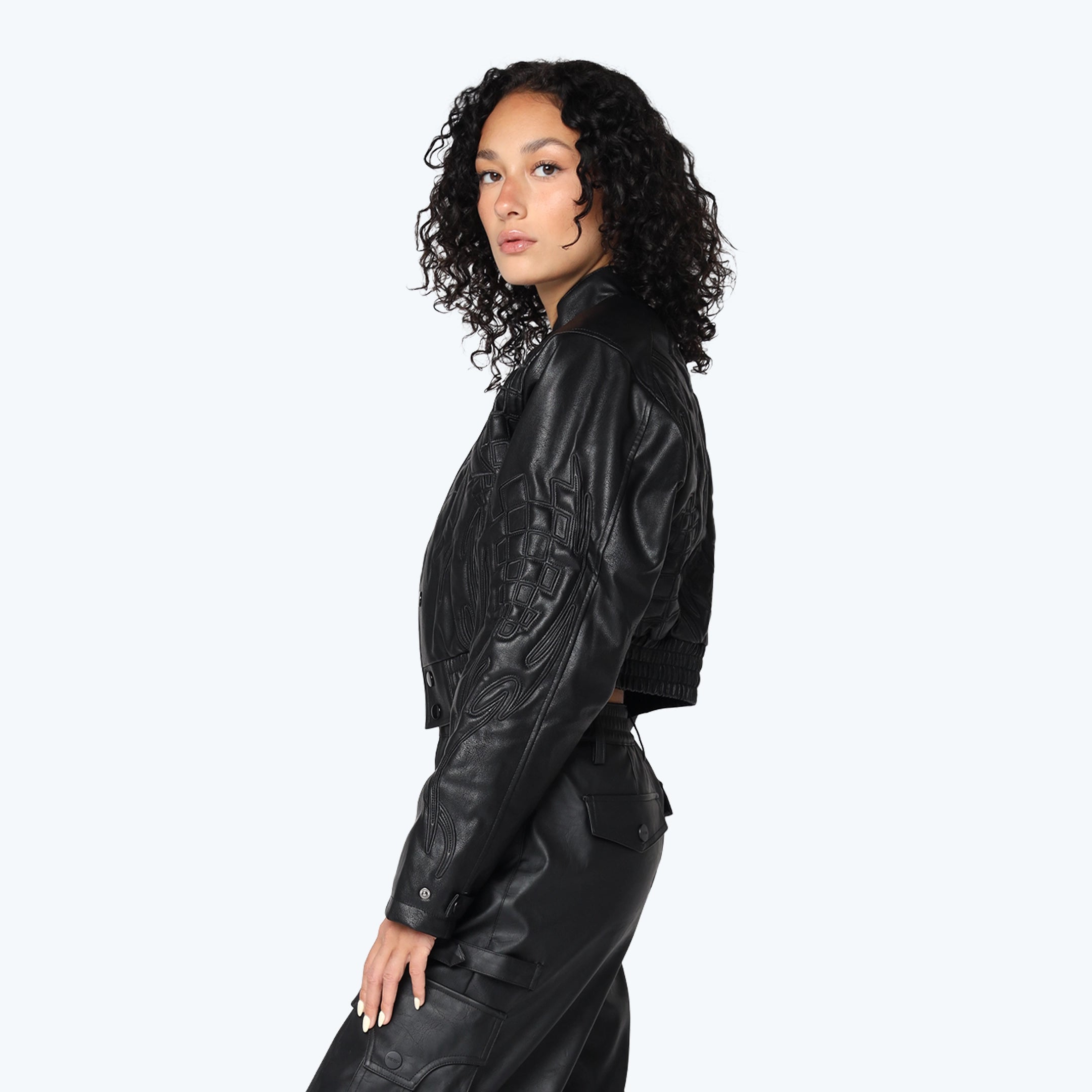 3D Vegan Leather Patch Racing Jacket - Black