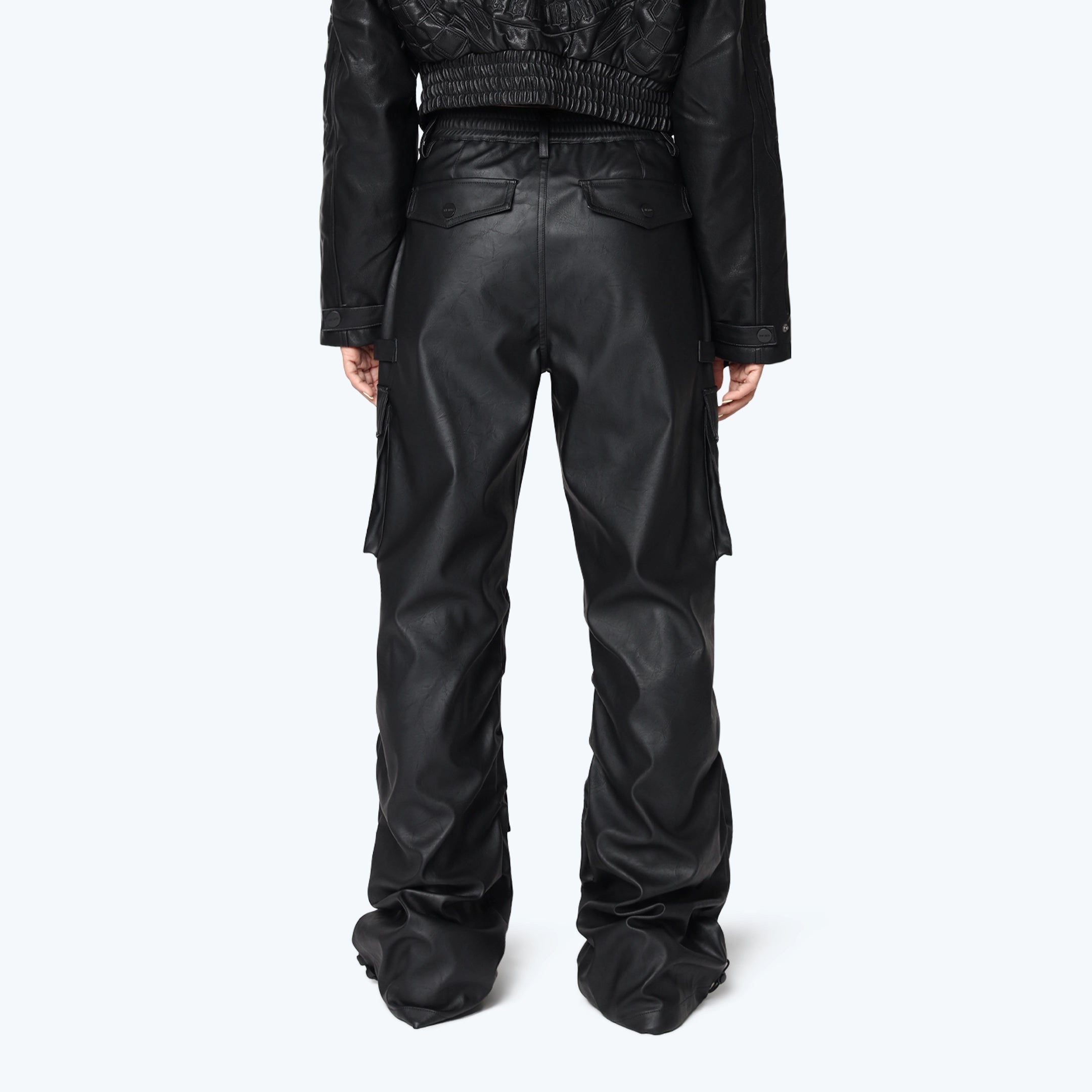 Wide Leg Vegan Leather Cargo Pants - Black