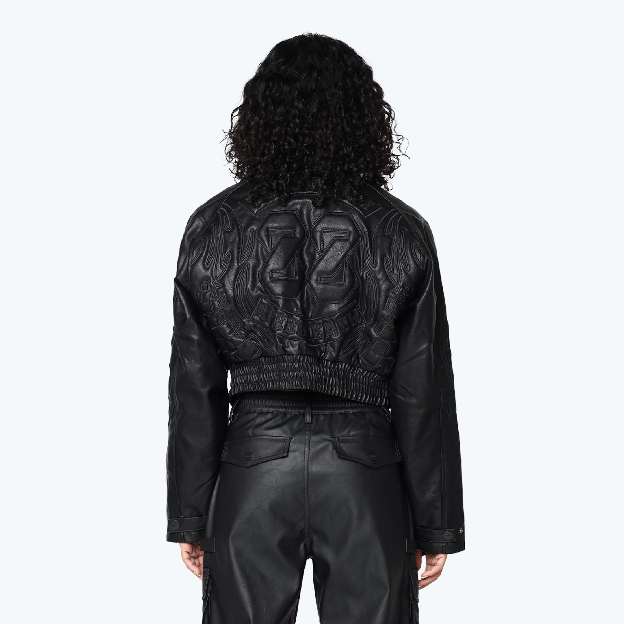 3D Vegan Leather Patch Racing Jacket - Black