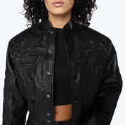 3D Vegan Leather Patch Racing Jacket - Black