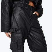 Wide Leg Vegan Leather Cargo Pants - Black