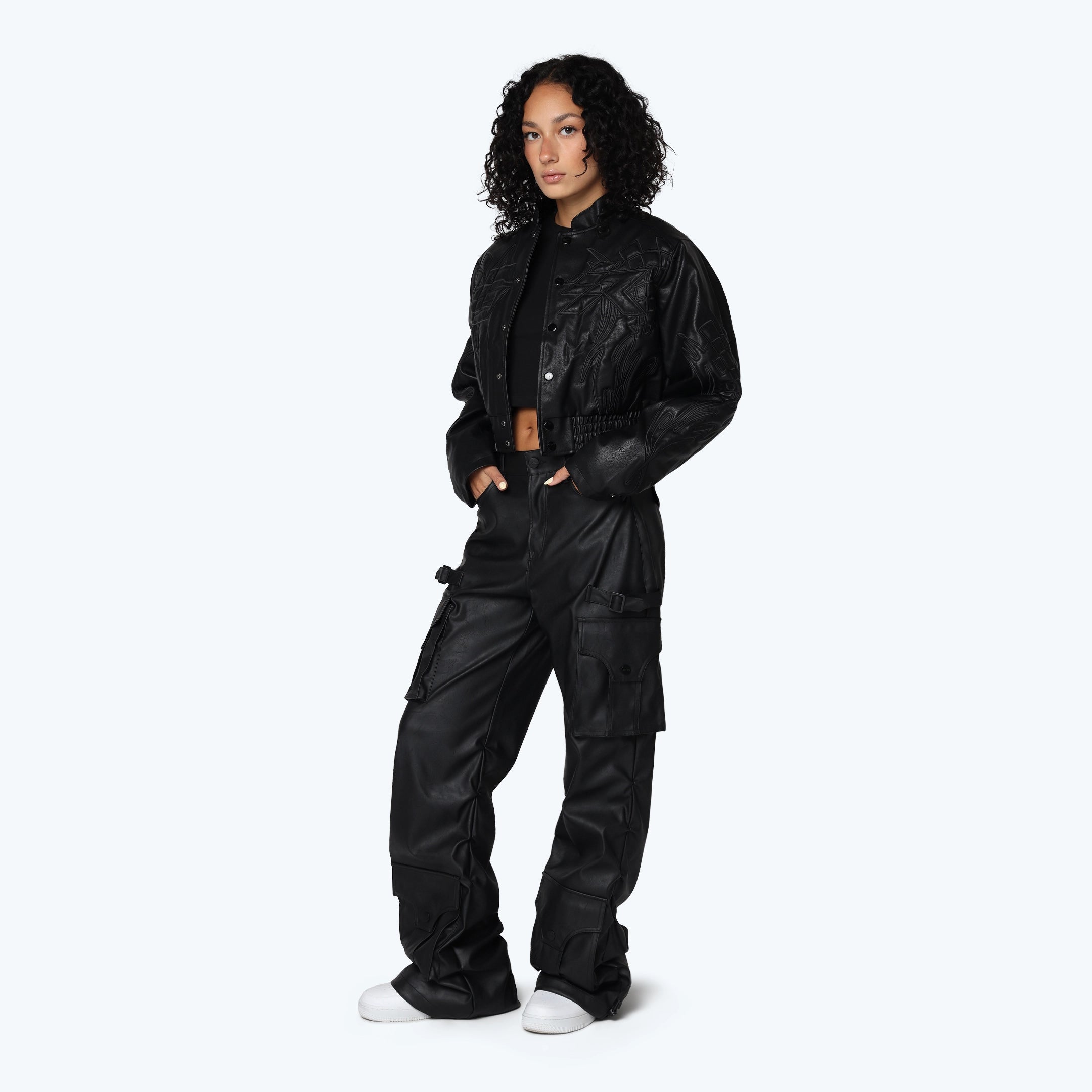 Wide Leg Vegan Leather Cargo Pants - Black