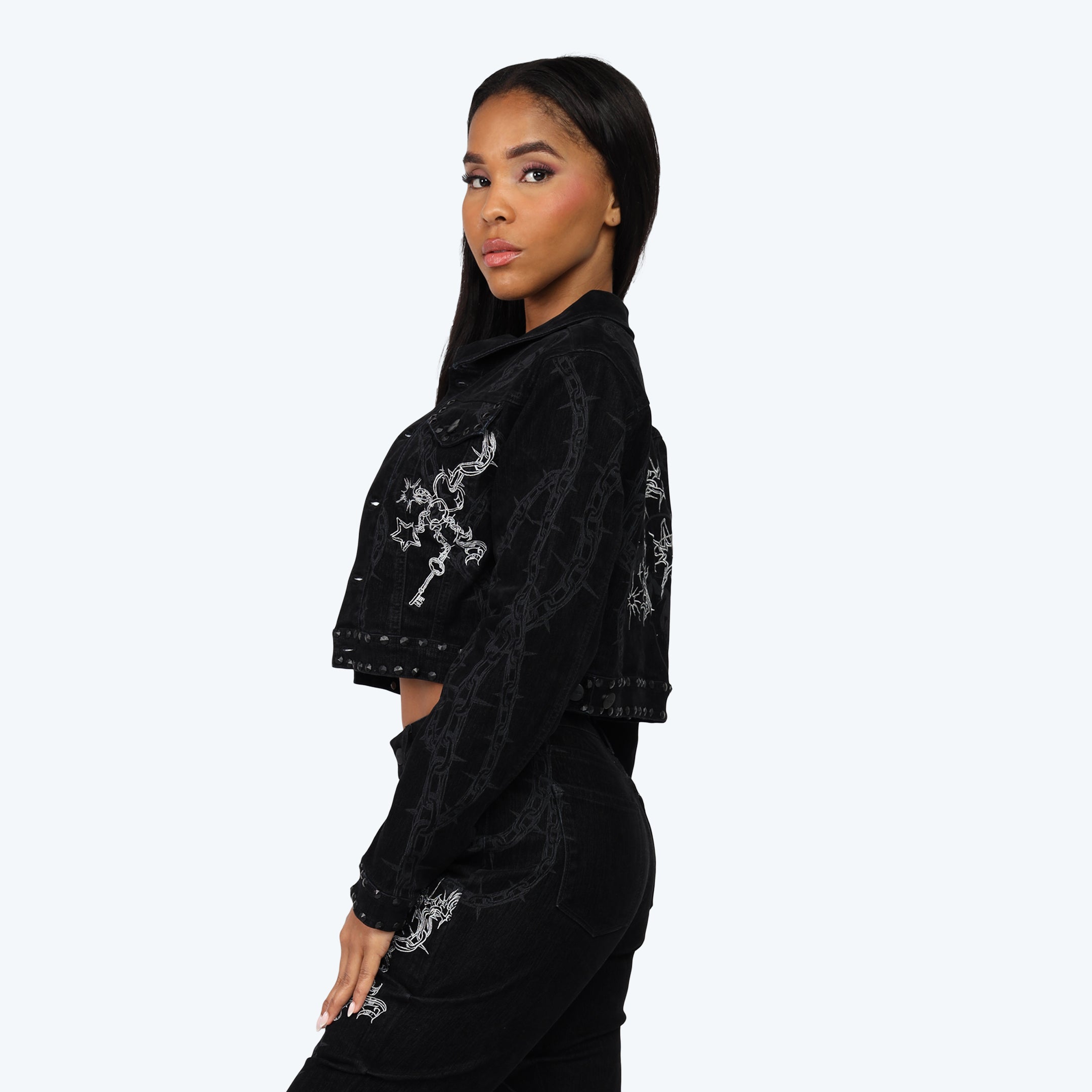 Embroidered Jean Trucker Jacket - Dorset Black