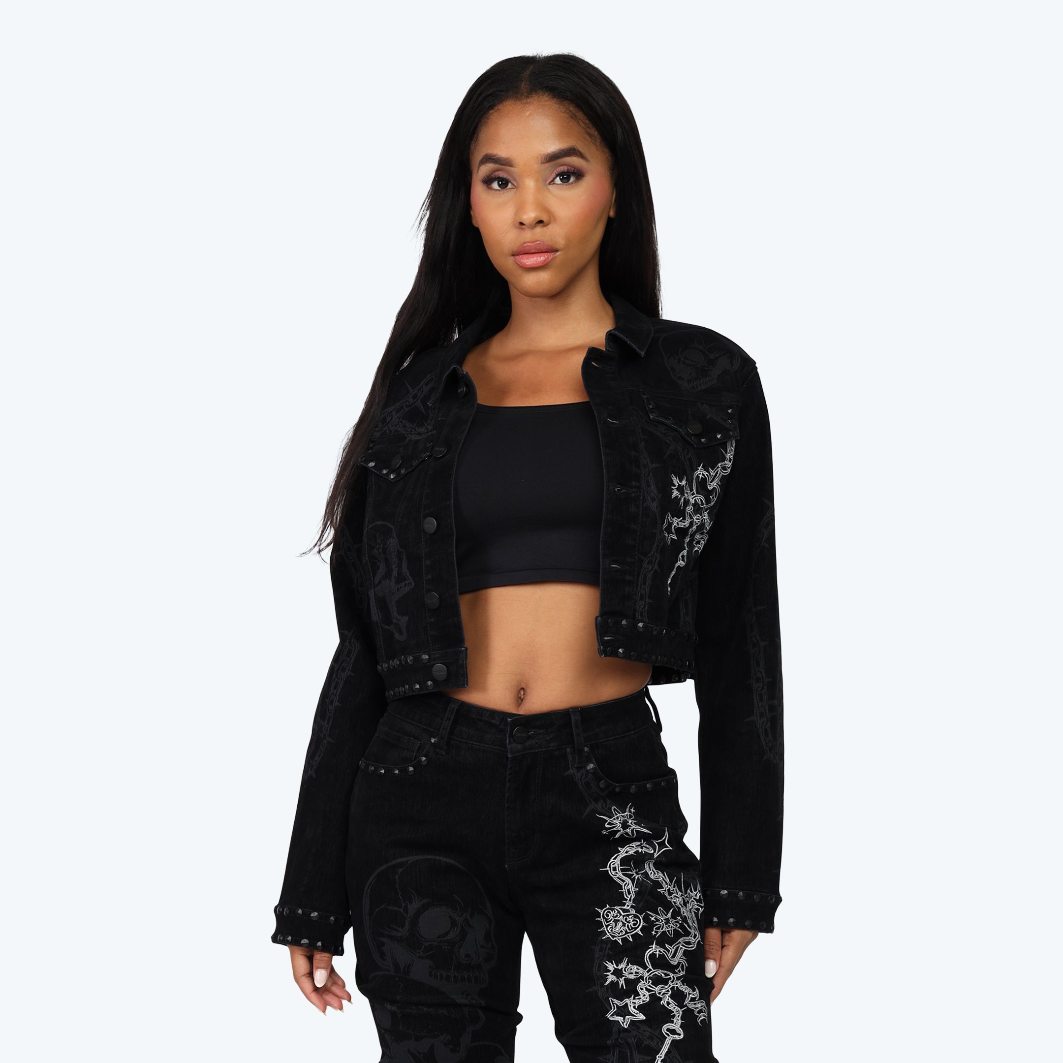 Embroidered Jean Trucker Jacket - Dorset Black