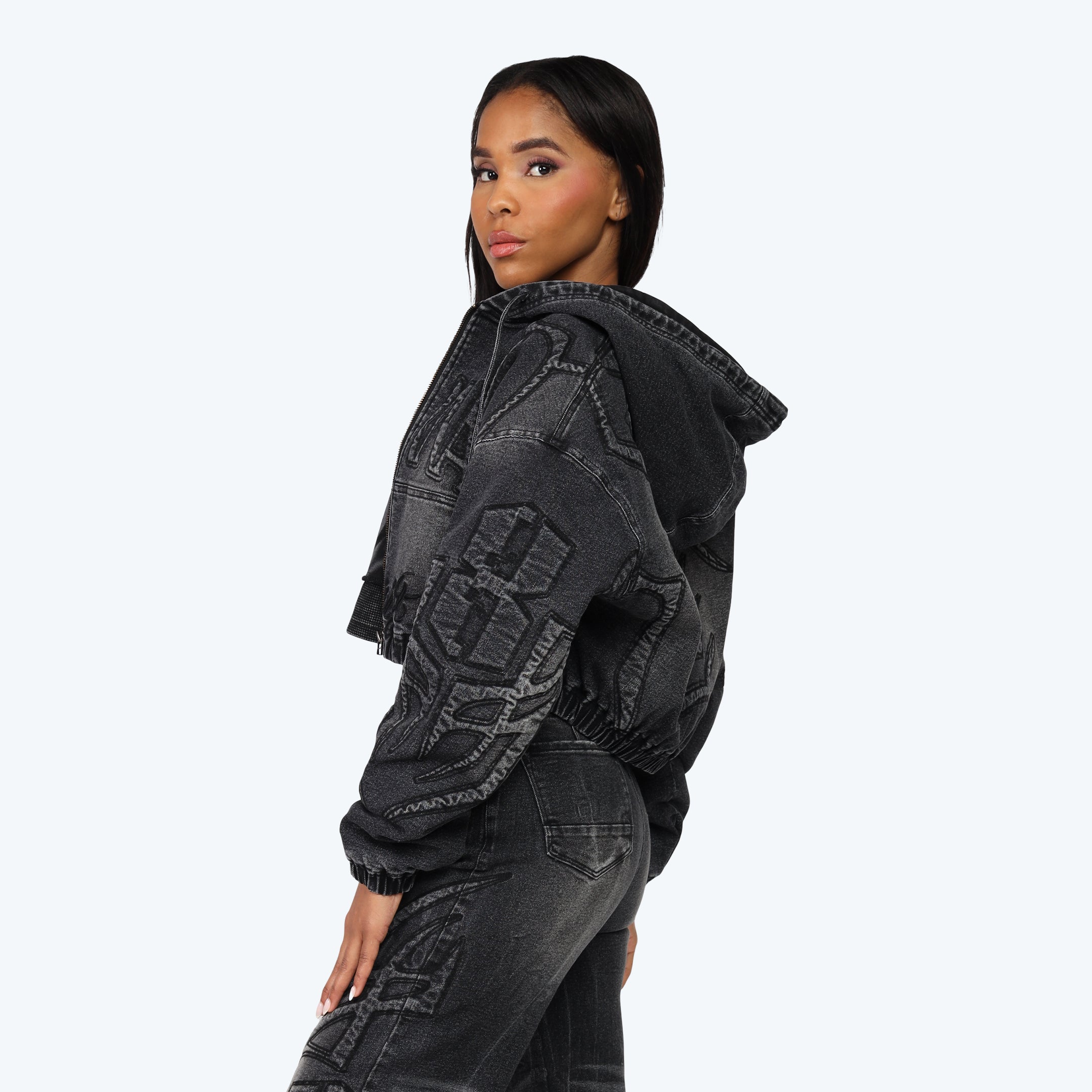 Oversized Bomber Jean Jacket - Willow Black