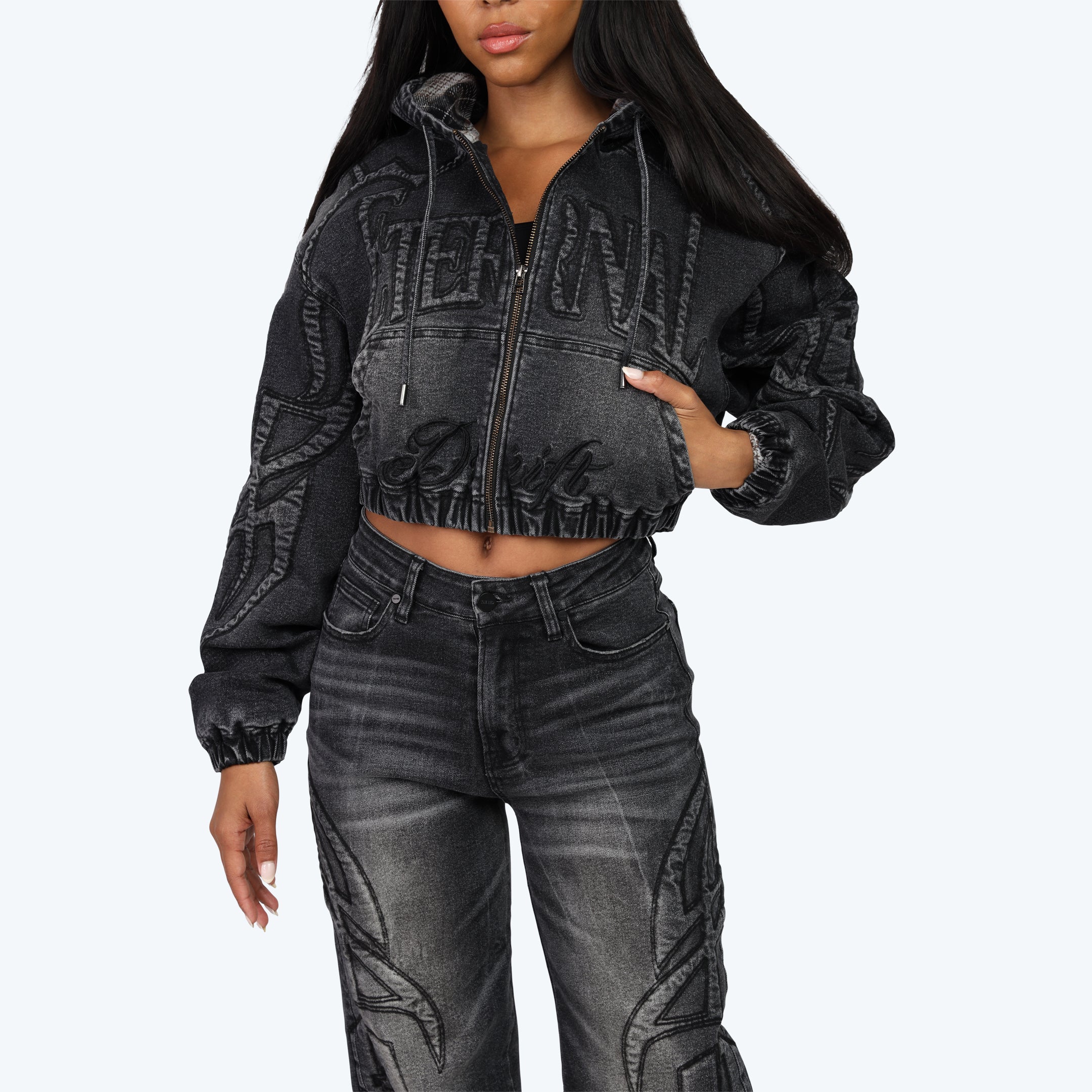 Oversized Bomber Jean Jacket - Willow Black