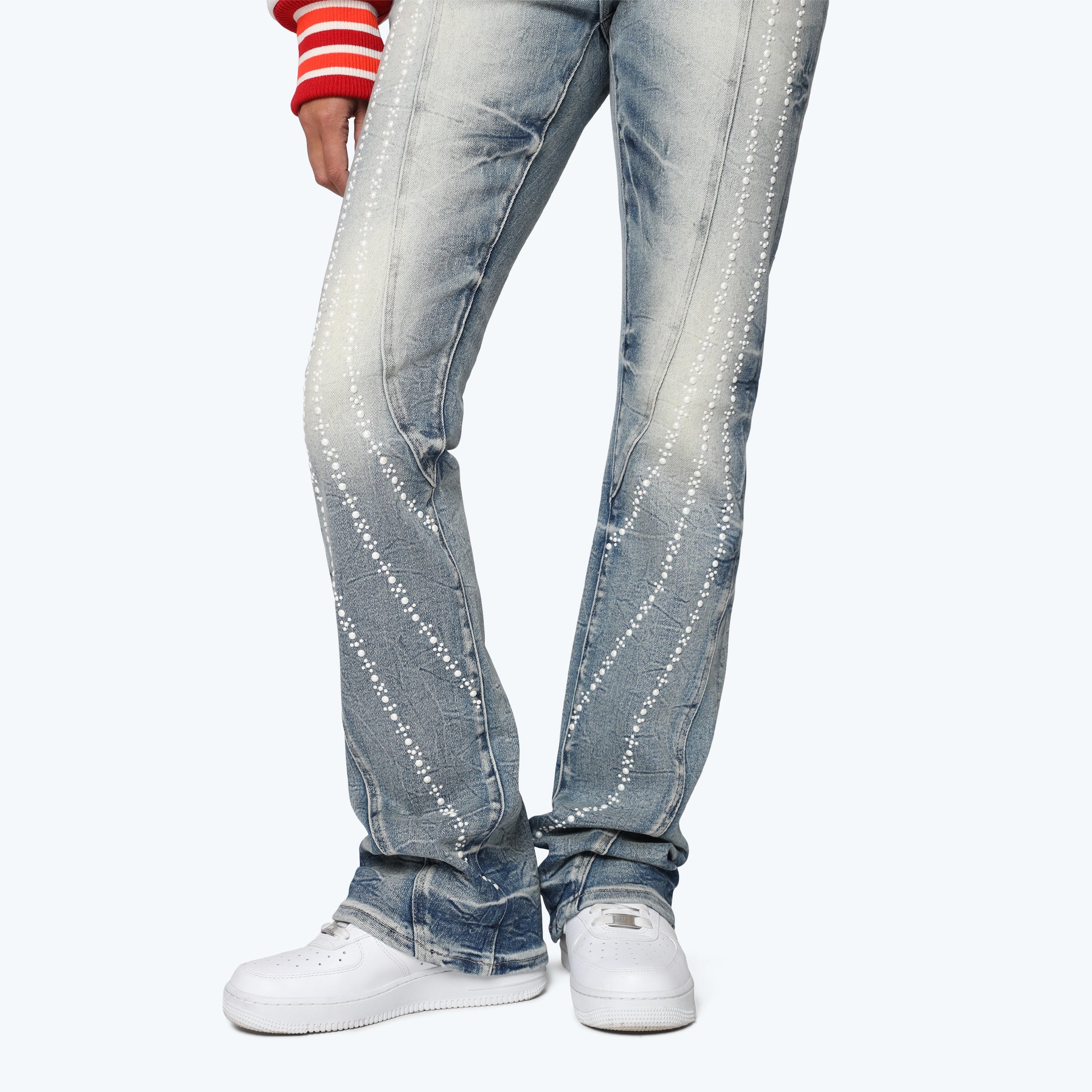 High Rise Stacked Pearl Jeans - Rhodes Blue