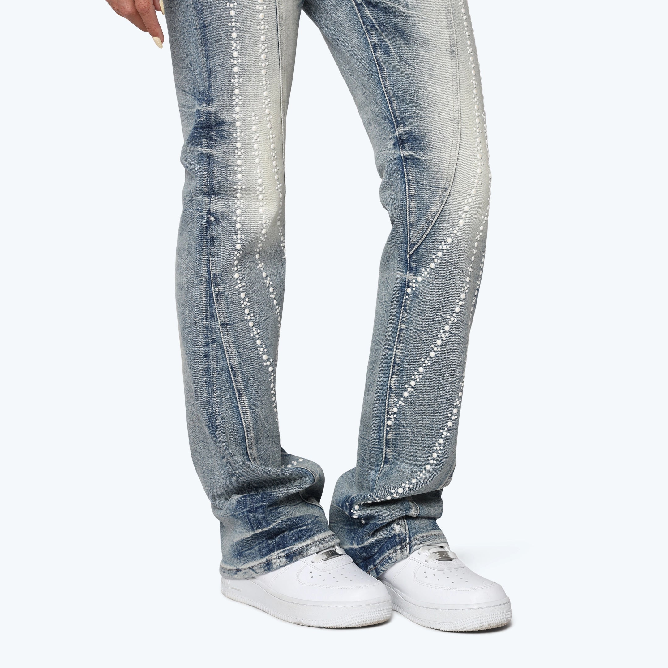 High Rise Stacked Pearl Jeans - Rhodes Blue