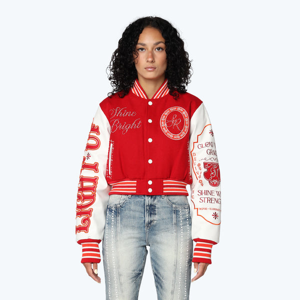 Cropped Pearl Varsity Jacket - True Red