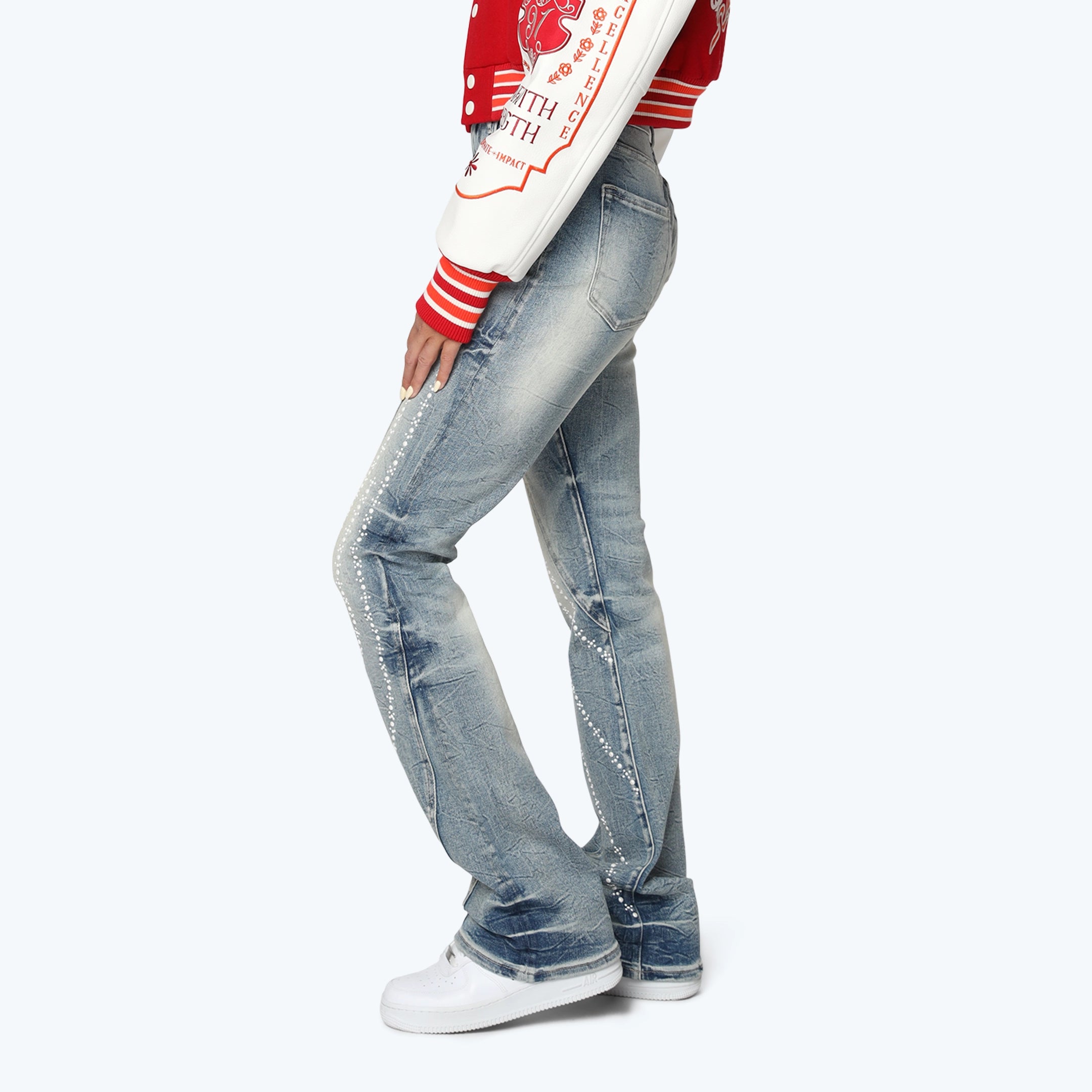 High Rise Stacked Pearl Jeans - Rhodes Blue