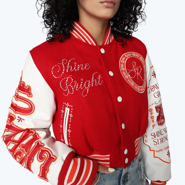 Cropped Pearl Varsity Jacket - True Red