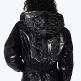 Applique Zip Up Hooded Vegan Leather Jacket - Petrol Black
