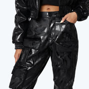 High Rise Cargo Stacked Vegan Leather Pants - Petrol Black