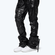 High Rise Cargo Stacked Vegan Leather Pants - Petrol Black