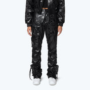 High Rise Cargo Stacked Vegan Leather Pants - Petrol Black