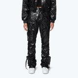 High Rise Cargo Stacked Vegan Leather Pants - Petrol Black