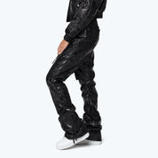 High Rise Cargo Stacked Vegan Leather Pants - Petrol Black