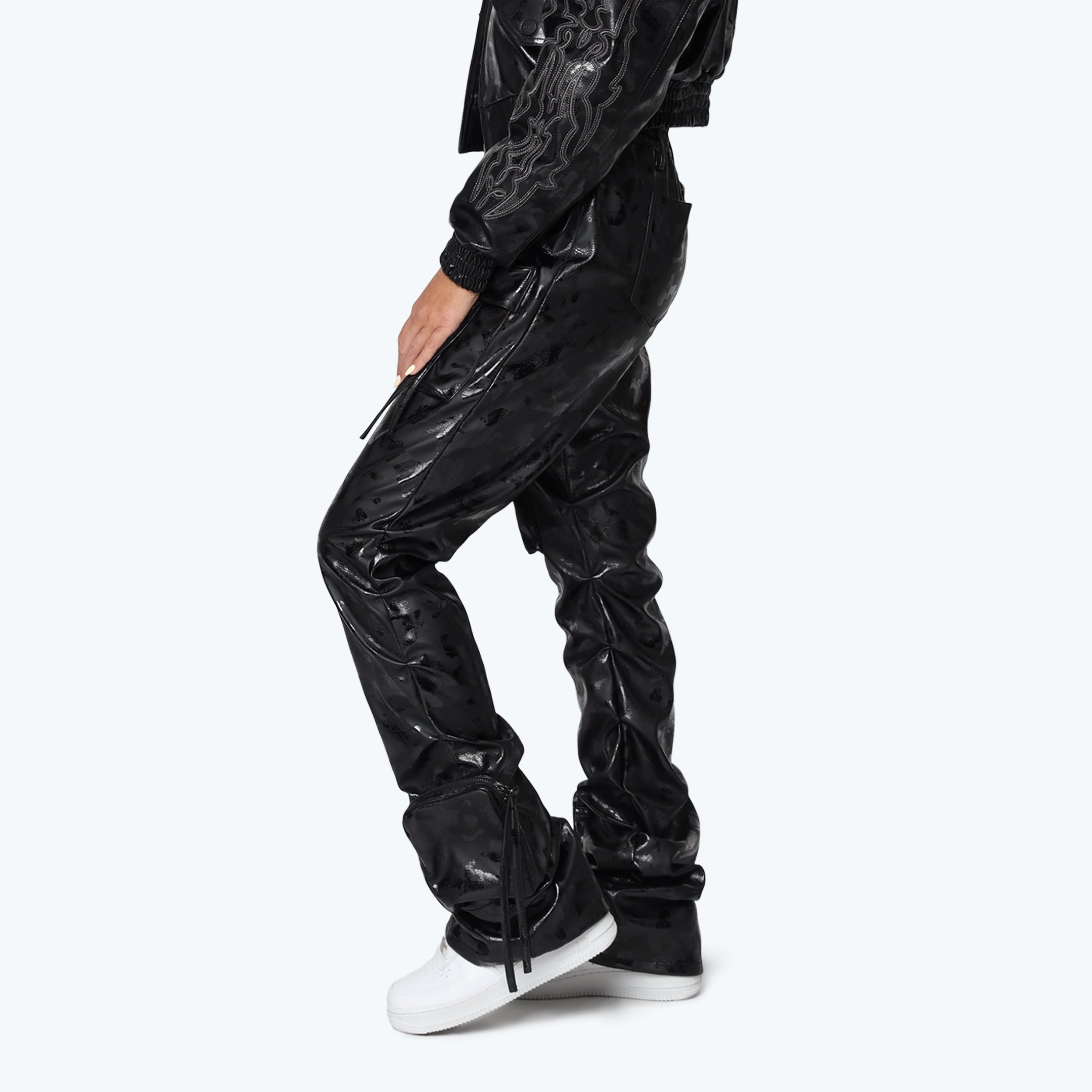 High Rise Cargo Stacked Vegan Leather Pants - Petrol Black