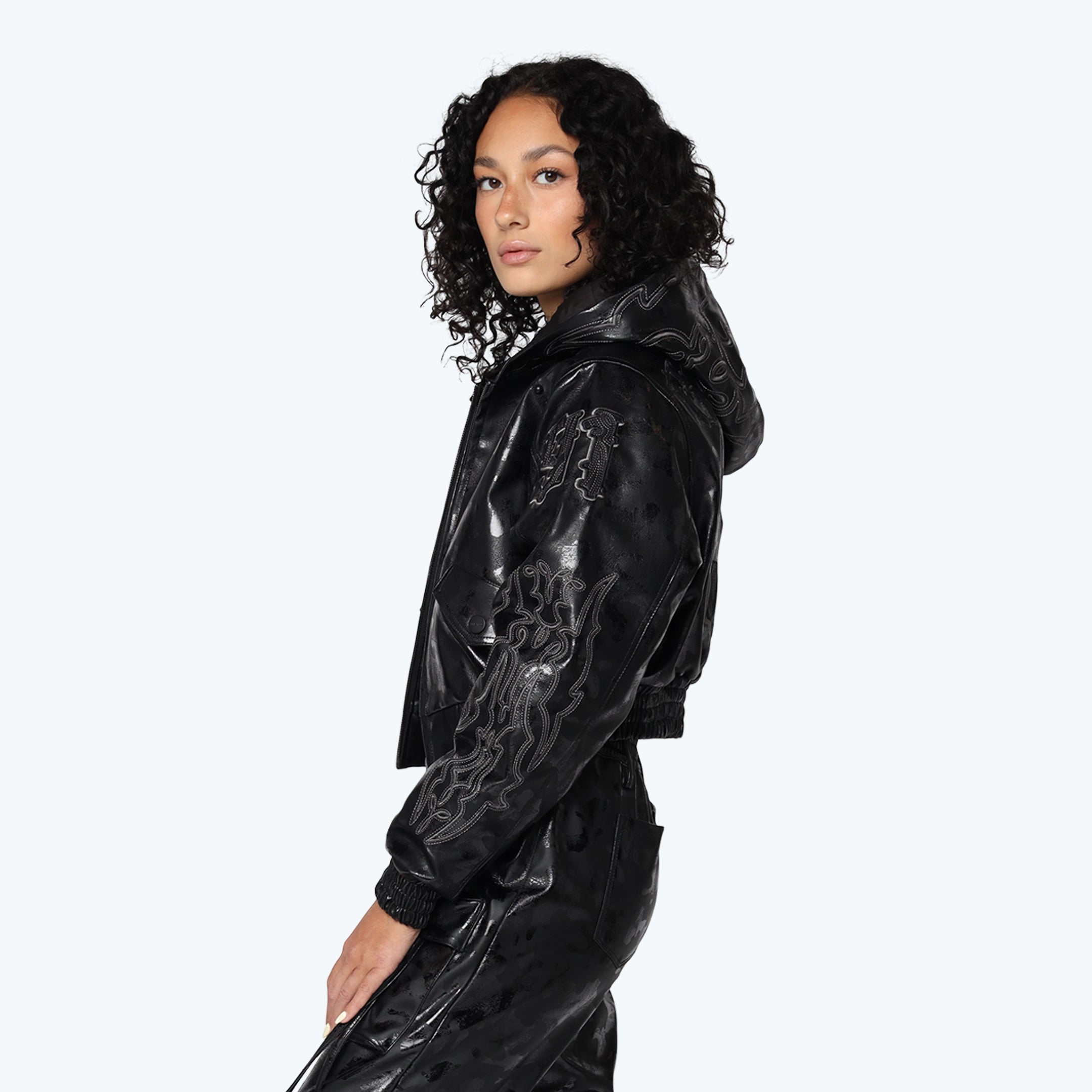 Applique Zip Up Hooded Vegan Leather Jacket - Petrol Black