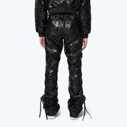 High Rise Cargo Stacked Vegan Leather Pants - Petrol Black