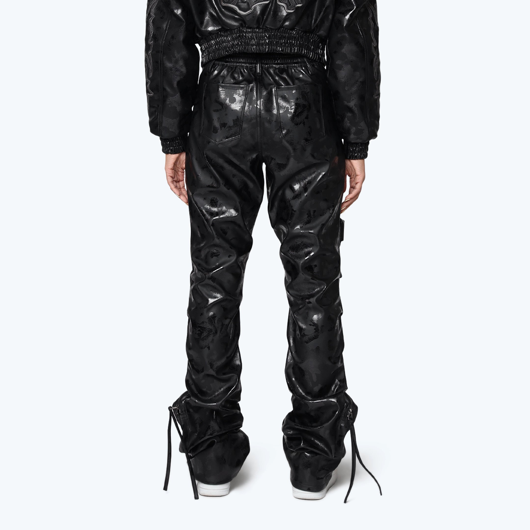 High Rise Cargo Stacked Vegan Leather Pants - Petrol Black