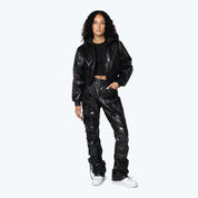 High Rise Cargo Stacked Vegan Leather Pants - Petrol Black