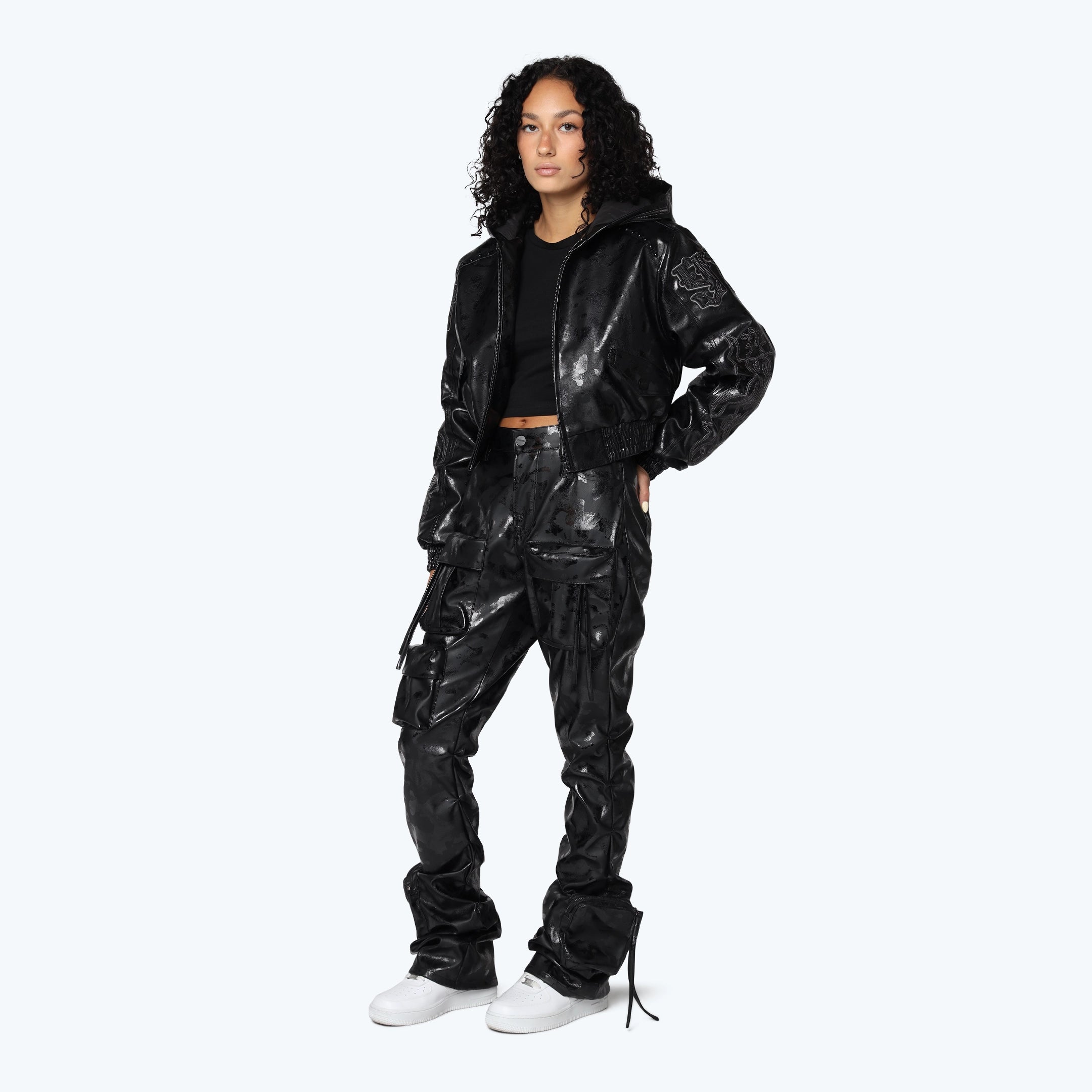 Applique Zip Up Hooded Vegan Leather Jacket - Petrol Black