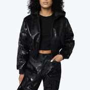 Applique Zip Up Hooded Vegan Leather Jacket - Petrol Black