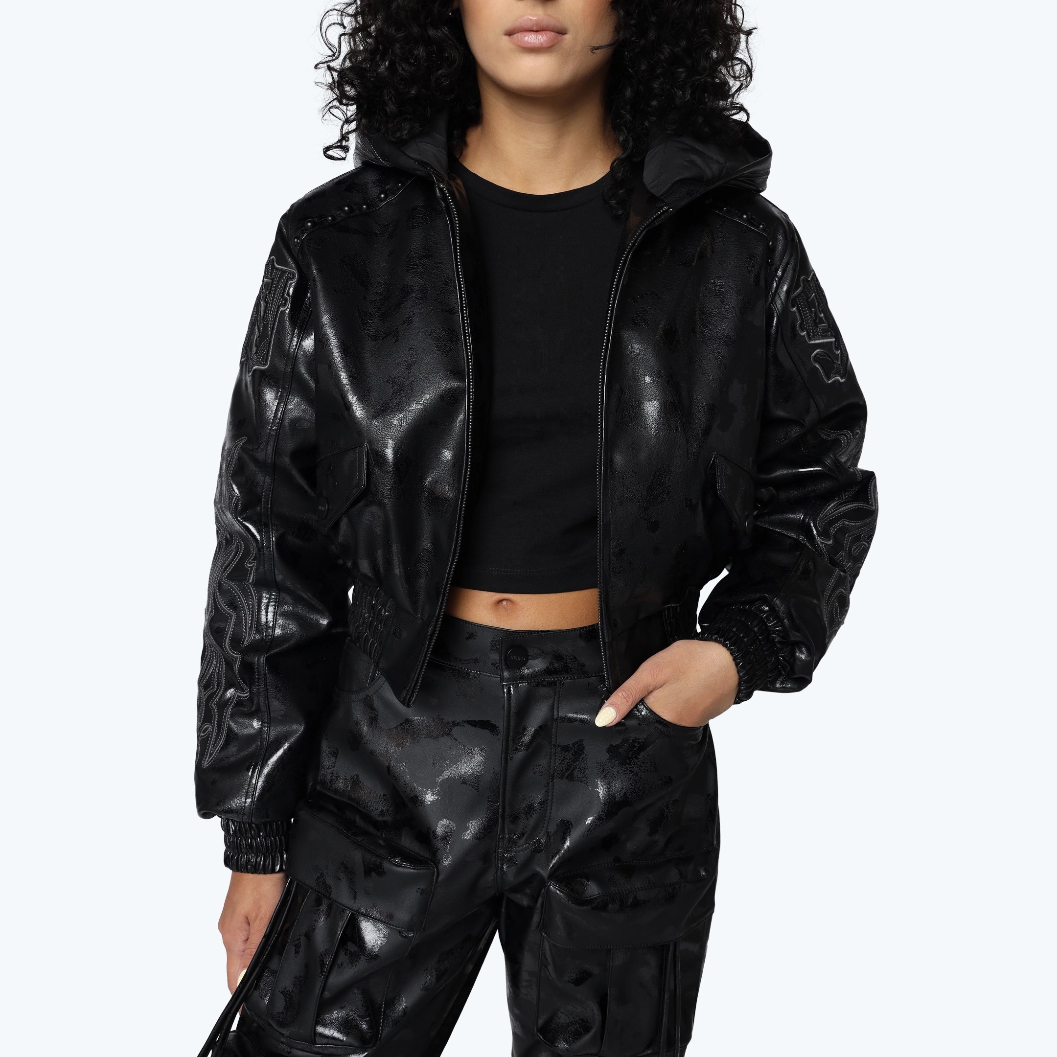 Applique Zip Up Hooded Vegan Leather Jacket - Petrol Black