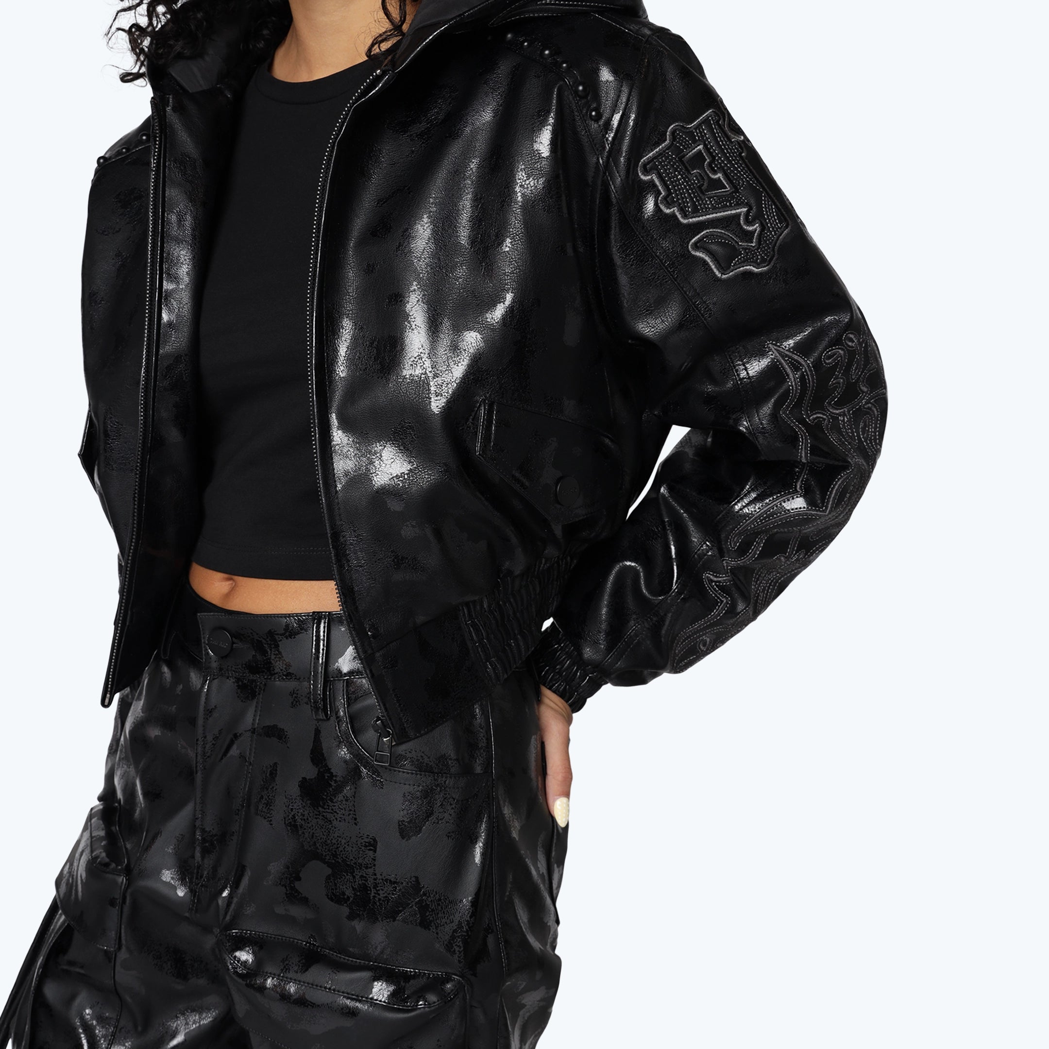 Applique Zip Up Hooded Vegan Leather Jacket - Petrol Black