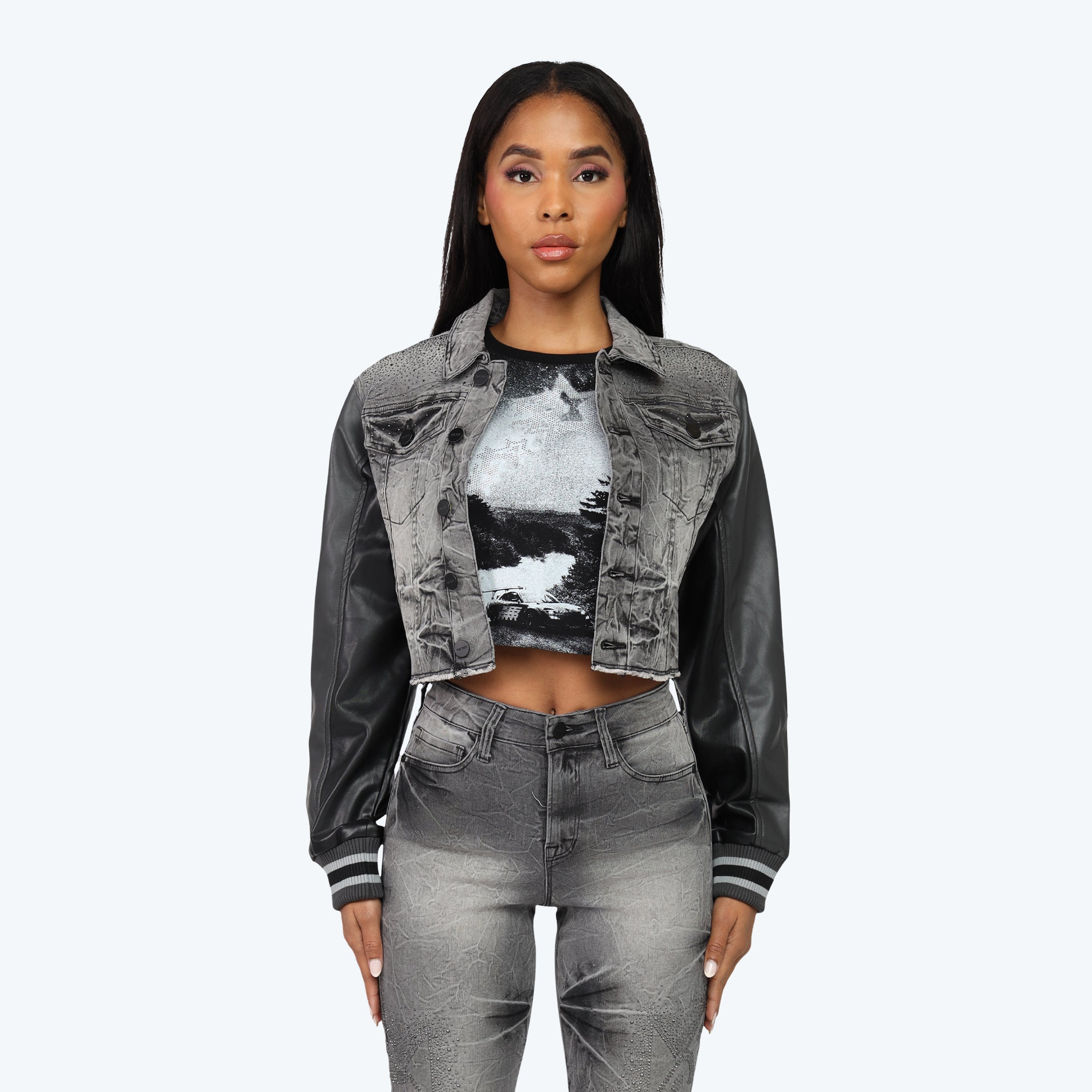Rhinestone Jean Trucker Jacket - Eris Grey