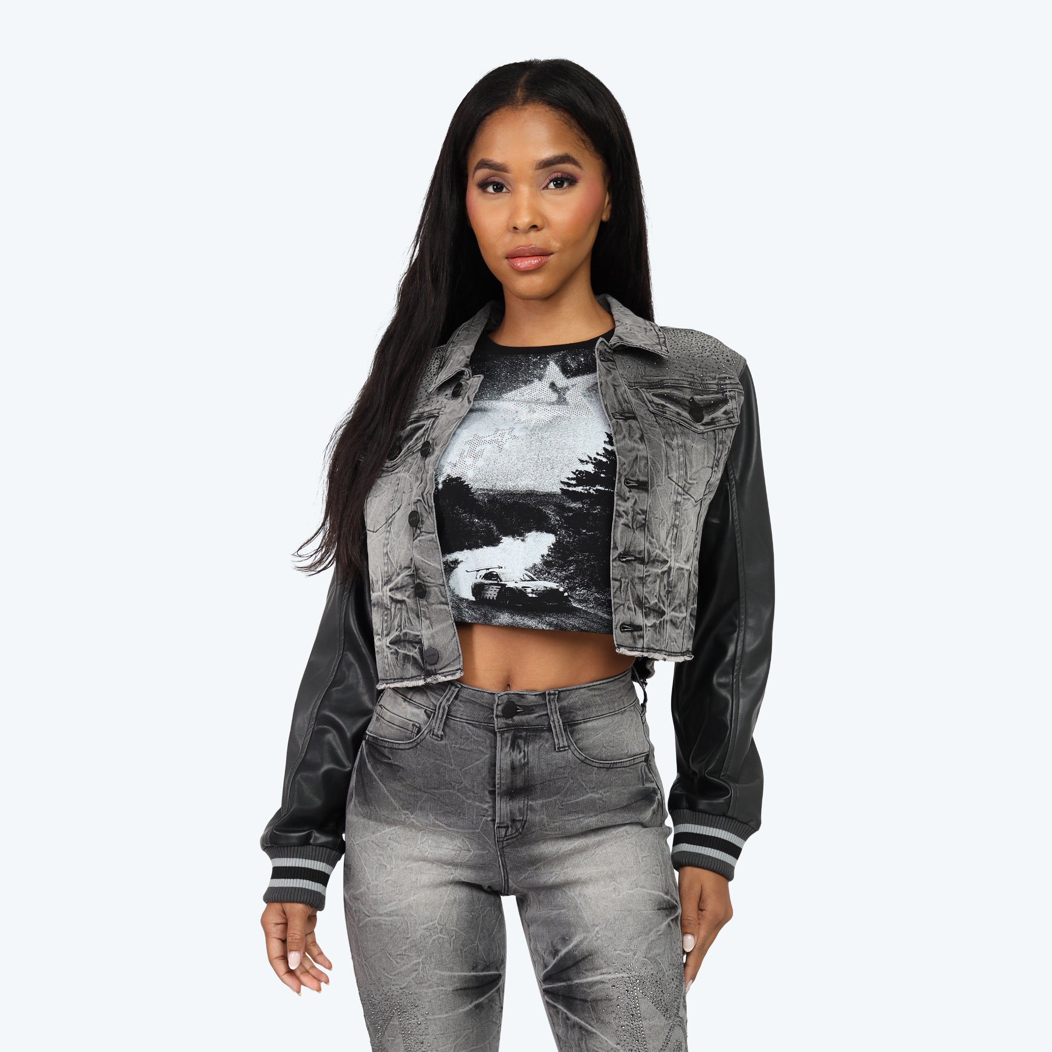Rhinestone Jean Trucker Jacket - Eris Grey