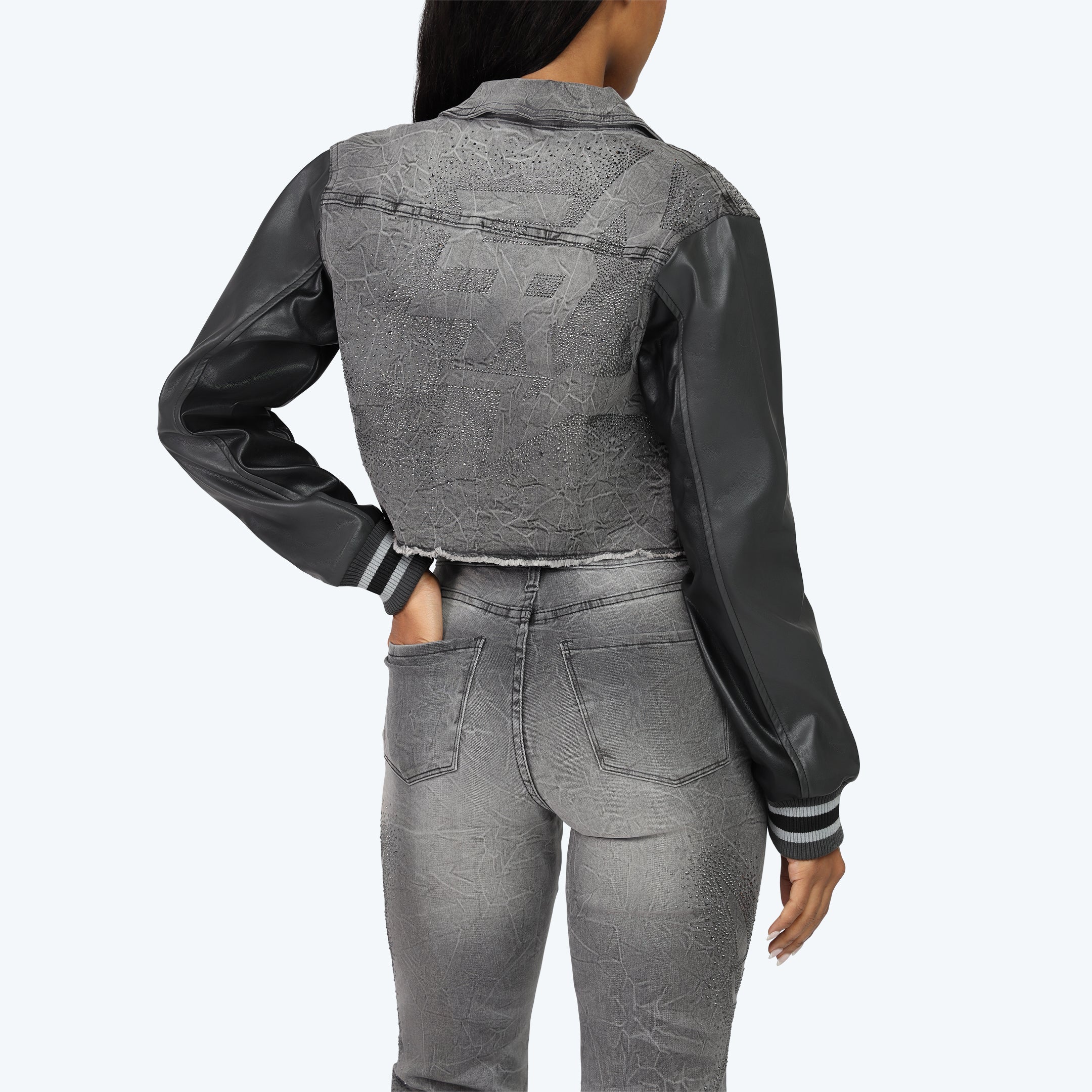 Rhinestone Jean Trucker Jacket - Eris Grey